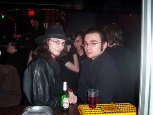 The Blogging Goth, right, at Spiders in 2005. Stereotypical Snakebite and Black is author's own.